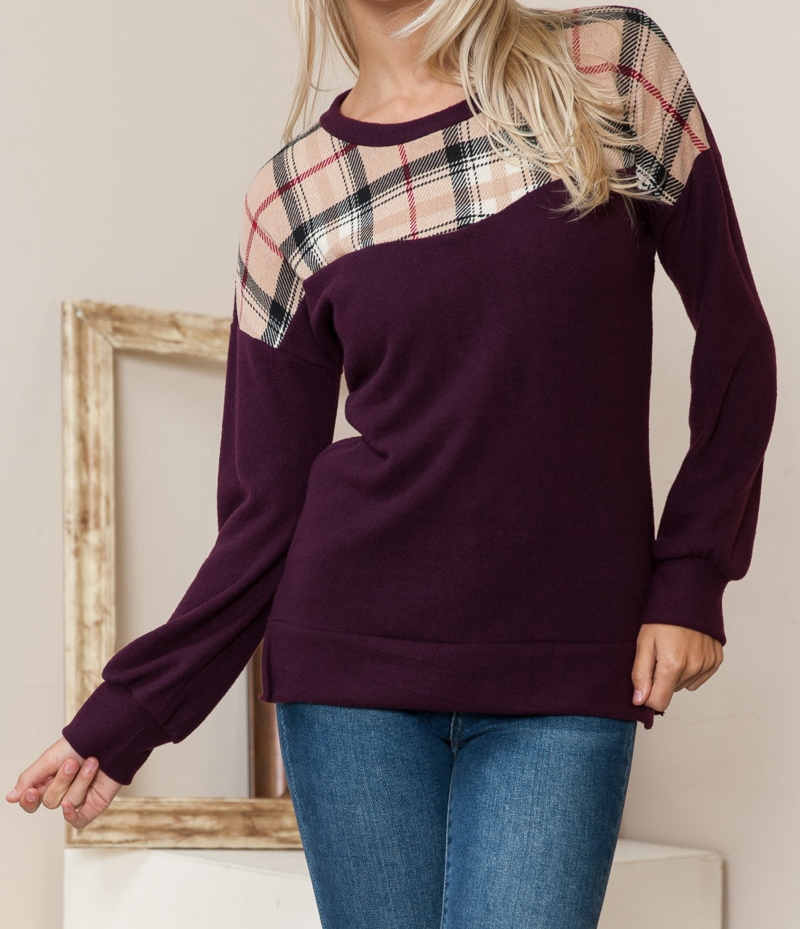 Violet Color Block Plaid Sweater