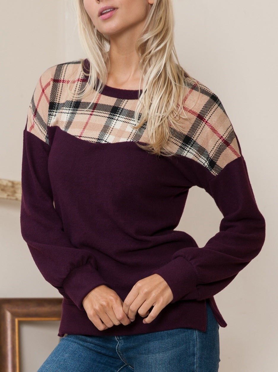 Violet Color Block Plaid Sweater