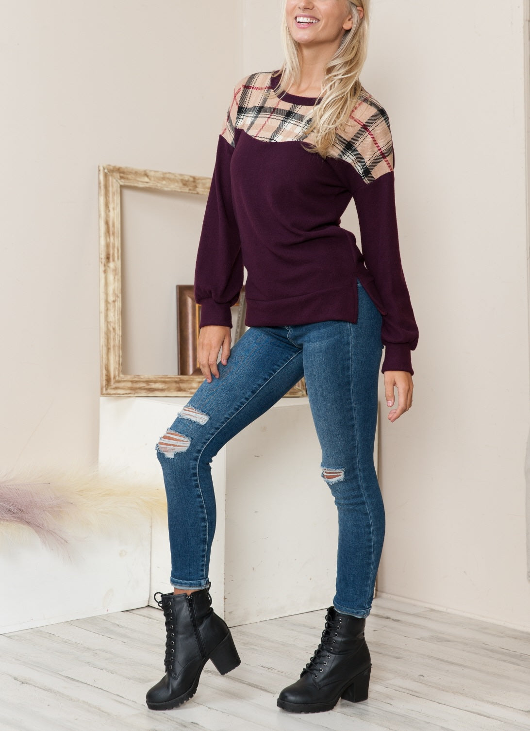 Violet Color Block Plaid Sweater