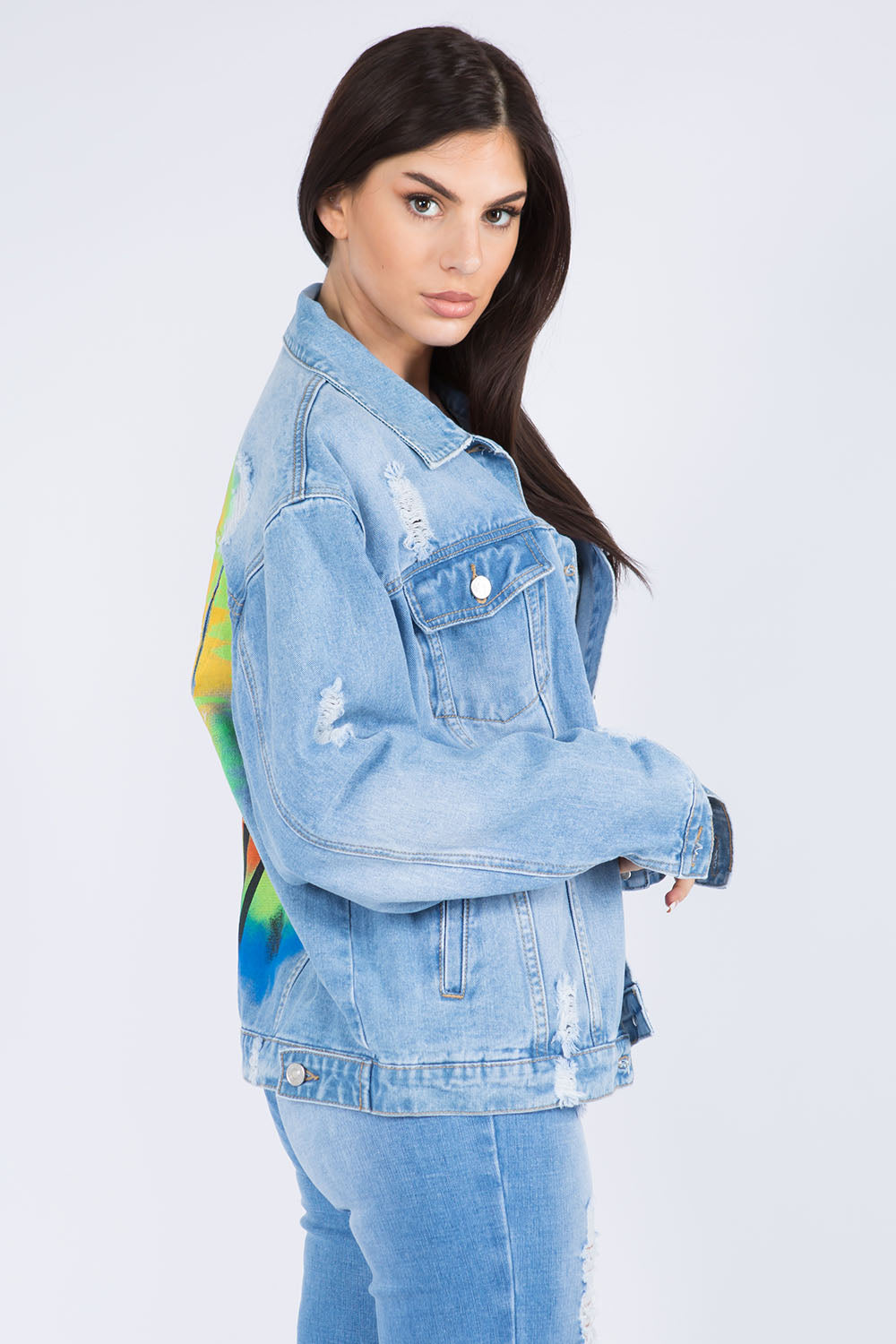 American Bazi Painted Back Distressed Denim Jacket