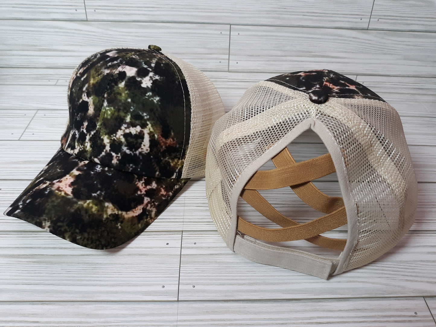 Criss Cross Ponytail Hat-Camo and Leopard