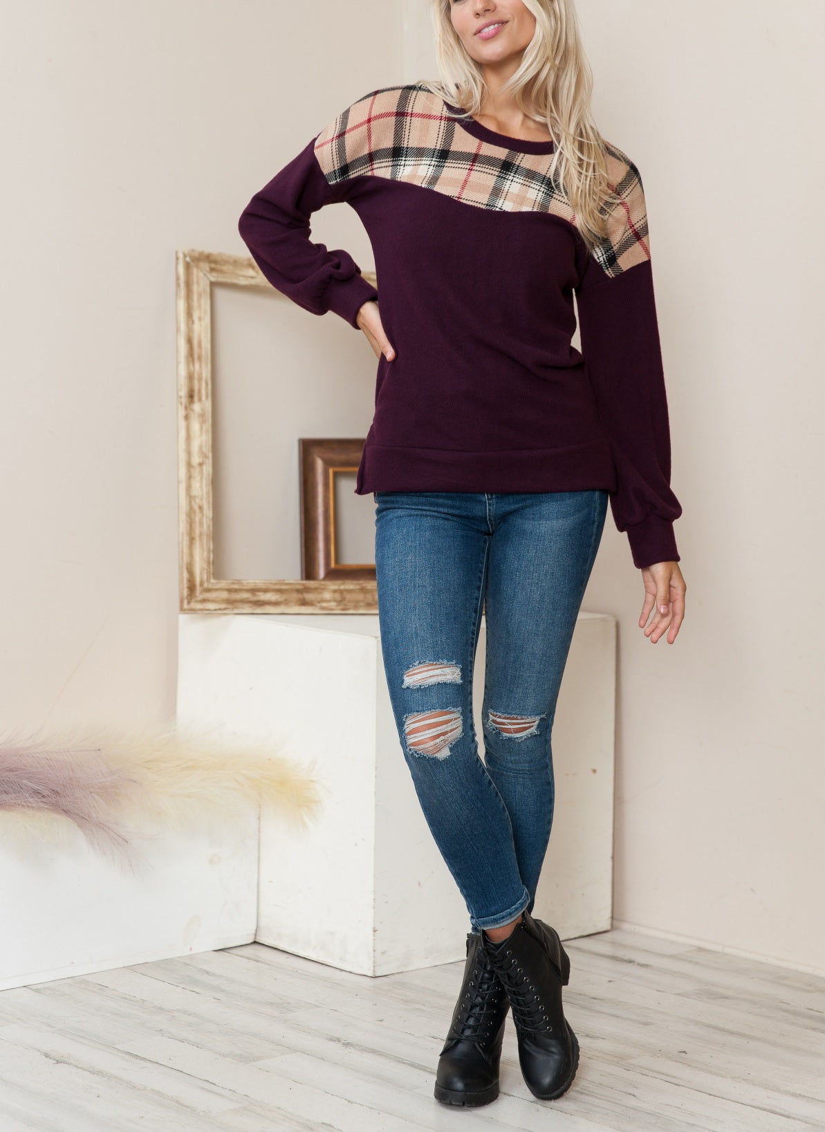 Violet Color Block Plaid Sweater